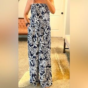 Lily Pulitzer navy and White Sea Shell pattern, Strapless and wide leg jumpsuit